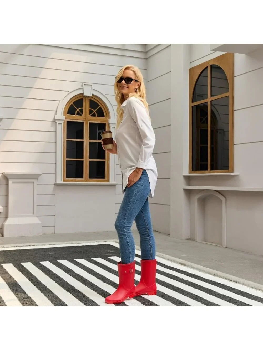 Women's Red Mid Calf Rain Boots Waterproof Anti-slipping Rainboots Rain Shoes